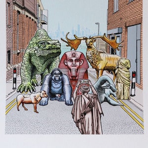 Crystal Palace creature print - dinosaurs, sphinx, gorilla, statues - by Matt Bannister