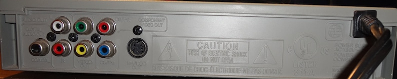 May include: The rear of a grey DVD player with various input and output ports, including RCA, S-Video, and a coaxial cable connector. The player has a warning label that reads "CAUTION RISK OF ELECTRIC SHOCK, DO NOT OPEN".