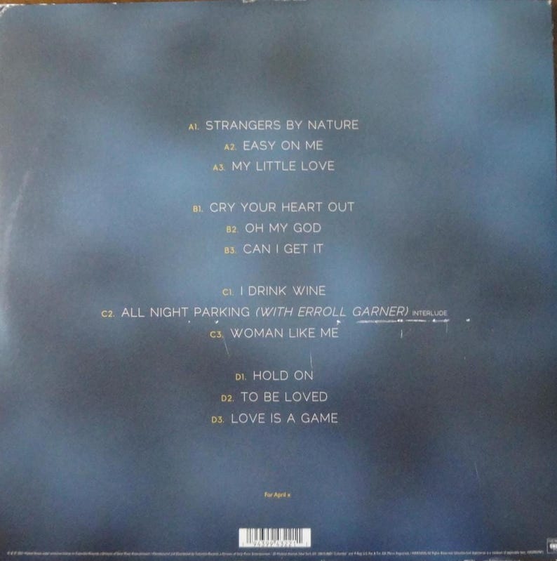 May include: Album back cover with a dark blue and gray gradient background. The tracklist includes songs like "Strangers by Nature," "Easy on Me," and "Cry Your Heart Out." The text is in white, with a barcode at the bottom.