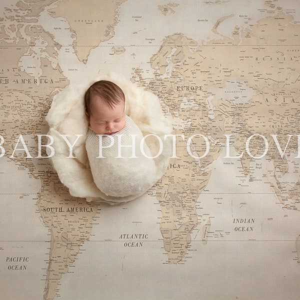 Newborn Digital Backdrop, Boy, Girl, World Map, Cream, Photography Newborn Insert, Digital Download
