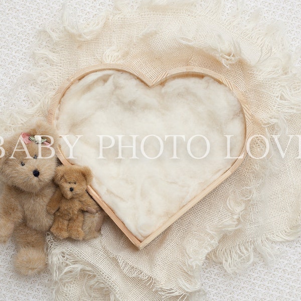 Newborn Digital Backdrop,  Cream Heart, Teddy Bears, Photography Newborn Insert, Digital Download