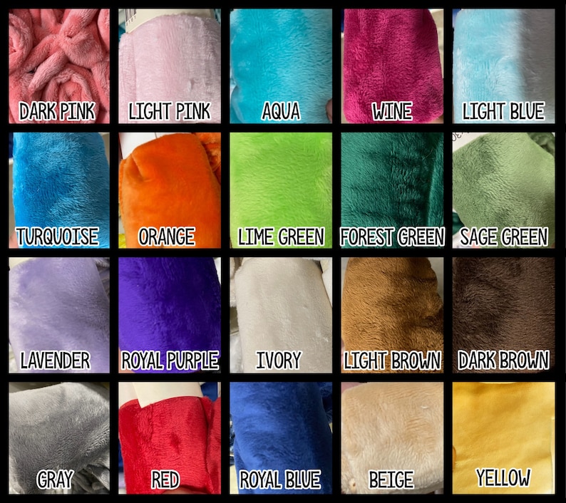 Op de afbeelding: Een kleurenkaart met 18 verschillende kunstbontstoffen. De kleuren omvatten donkerroze, lichtroze, aqua, wijn, lichtblauw, turquoise, oranje, limoengroen, bosgroen, saliegroen, lavendel, koninklijk paars, ivoor, lichtbruin, donkerbruin, grijs, rood, koninklijk blauw, beige en geel.
