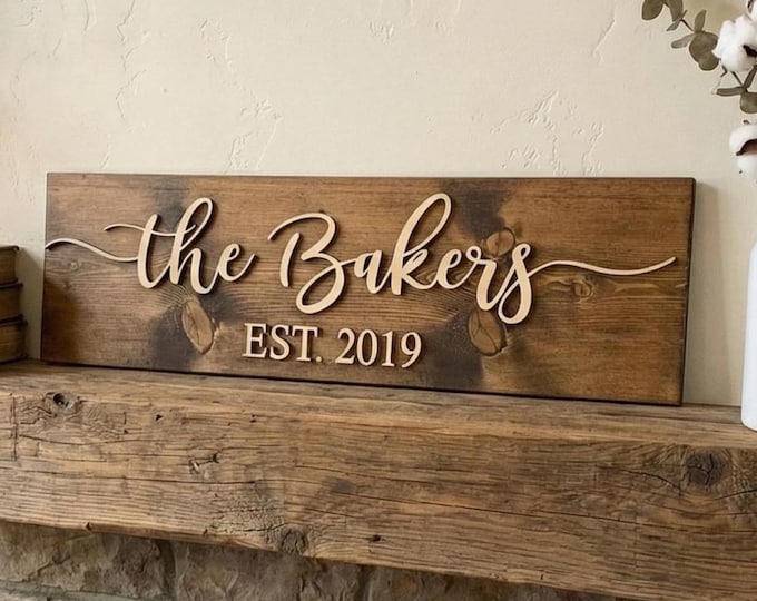 Personalized Family Name Wood Sign, Custom Established Year Wedding Gift for Couple, Last