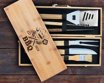 Personalized BBQ Grill Tool Set, Wood Case with Custom Name for Father's Day Birthday Gift