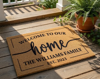 Felpudo familiar personalizado, felpudo de bienvenida a medida, regalo de inauguración de casa, regalo para nuevo hogar, felpudo con el nombre de la familia, decoración de entrada de fibra de coco
