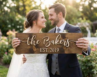 Personalized Family Name Sign, Custom Wood Wedding Gift for Couple, Established Year Anniversary