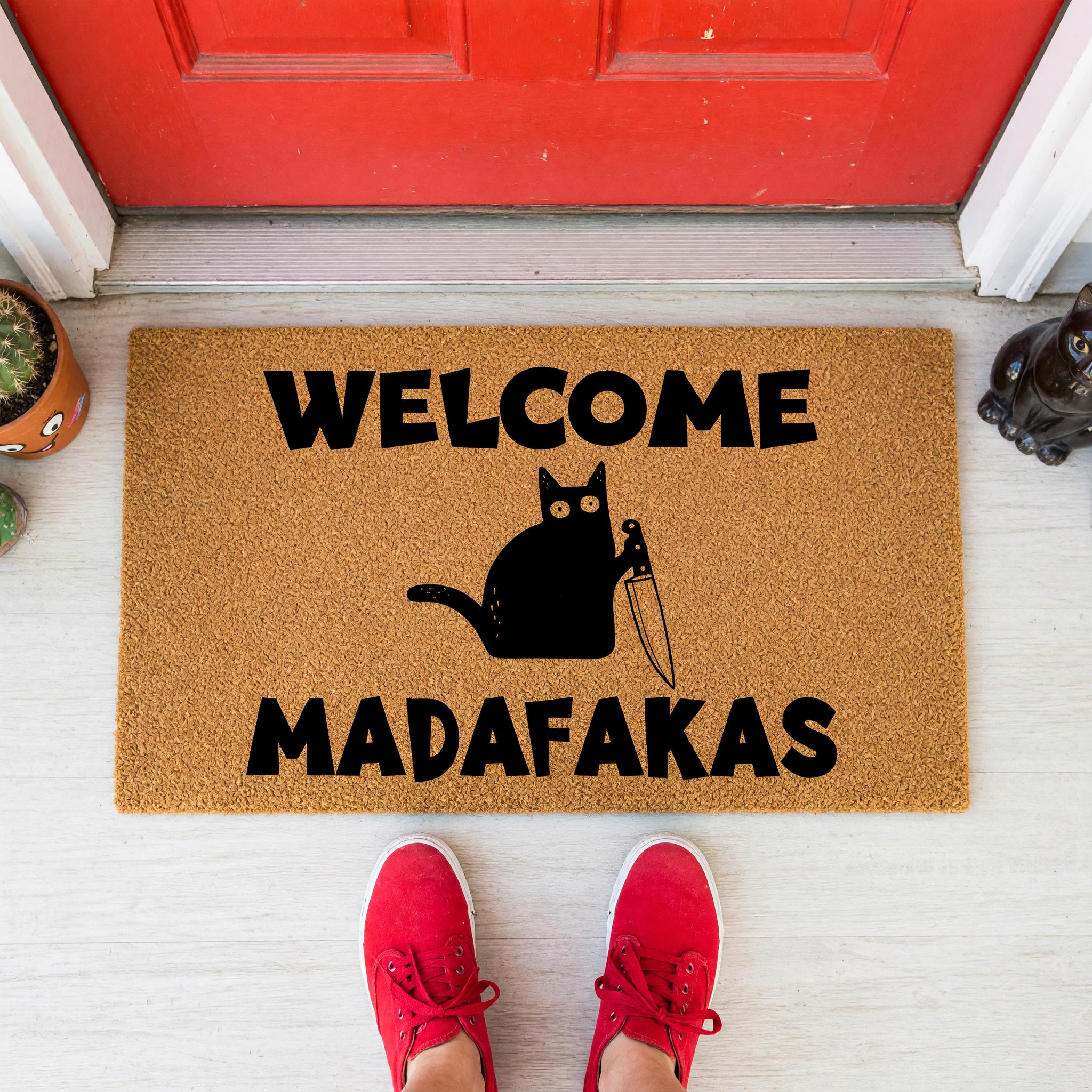 Funny Cat Doormat, Welcome Madafakas Sarcastic Door Mat, Black Cat
