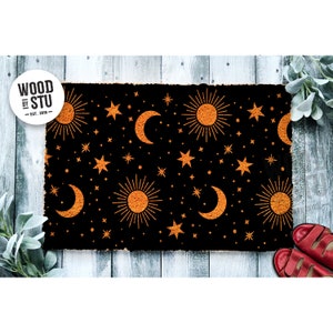 Doormat Sun and Moon Pattern Door Mat | Stars Orange Galaxy Space Doormat | Welcome Mat | Housewarming Gift | New Home | Closing Gift 1615**