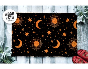 Doormat Sun and Moon Pattern Door Mat | Stars Orange Galaxy Space Doormat | Welcome Mat | Housewarming Gift | New Home | Closing Gift 1615**