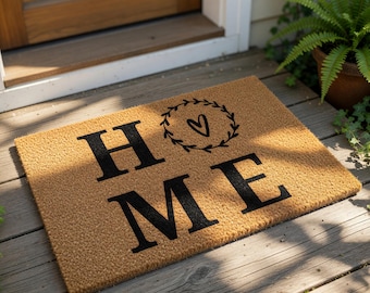 Home Doormat, Coir Doormat With Heart Wreath, Housewarming Gift, Welcome Mat, Front Door Mat, New Home Gift, Entryway Porch Decor