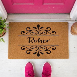 Family Last Name Personalized Doormat - Elegant Scrollwork Welcome Mat