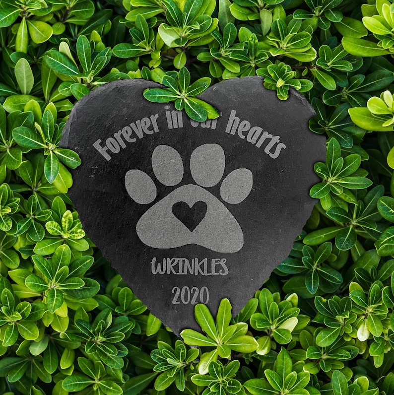 May include: A heart-shaped black slate plaque featuring an engraved paw print with a small heart in the center. The text "Forever in our hearts" is arched above the paw, with the name "WRINKLES" and the year "2020" engraved below the design.