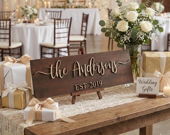 Personalized Family Name Wood Sign, Custom Established Year Wedding Gift for Newlyweds, Last
