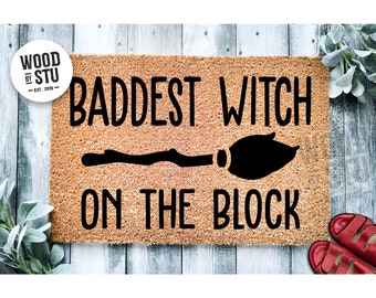 Doormat Baddest Witch on the Block  | Funny Doormat | Welcome Mat | Halloween Decor | Funny Door Mat | Home Doormat | Halloween Mat 1743**