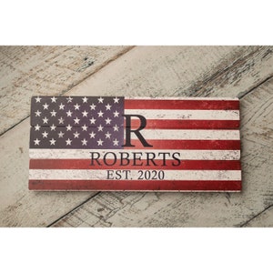 Family Name Monogram Rustic American Flag Printed Art - Personalized Gift On Pallet Wood - Wedding Gift - Anniversary Gift - Home Decor