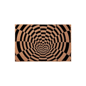Anti-Slip Coir Doormat: Swirling Checkerboard Vortex Illusion