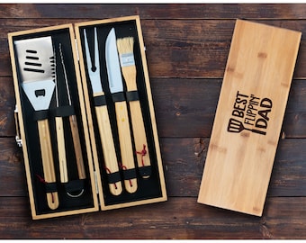 Personalized Best Flippin Dad BBQ Grill Set, Custom Bamboo Grilling Tools for Father Birthday