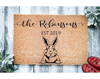 Custom Doormat Rabbit Family Name| Personalized Bunny Doormat |  Welcome Mat | Housewarming Gift | Closing Gift | Last Name Door Mat 1928