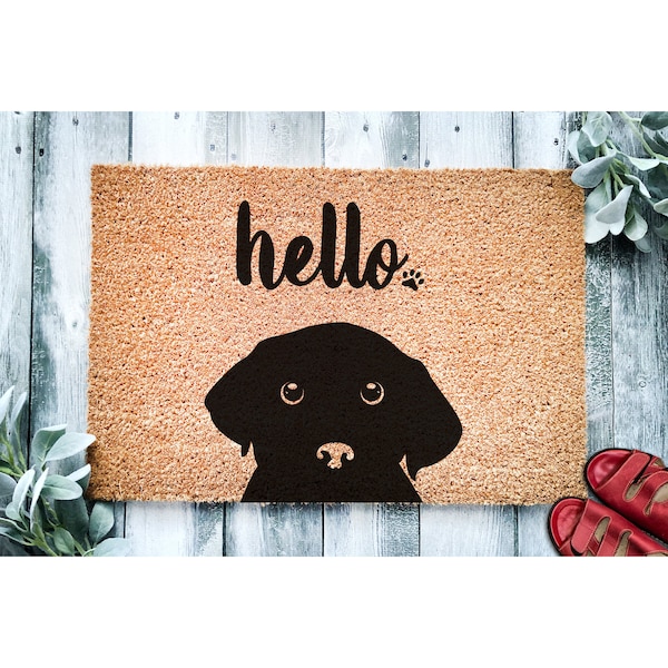 Doormat Black Labrador Hello | Cute Lab Dog Peeking Doormat | Welcome Mat Funny Door Mat Funny Gift Home Housewarming Closing Gift 1485**