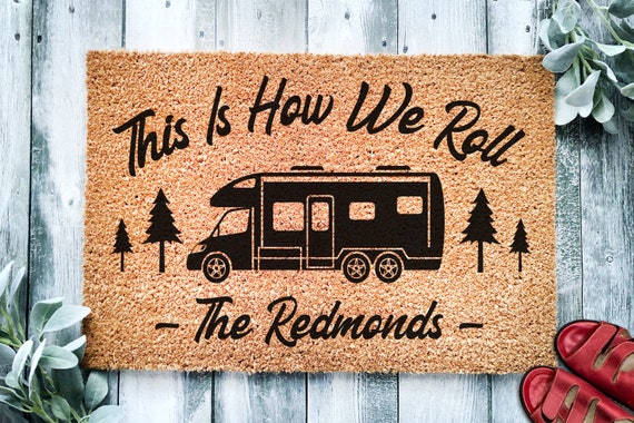 Personalized Happy Campers RV Doormat - Custom Family Name Camping Door Mat  Accessories for Inside Outside Campsite Decorations Travel Trailers Funny