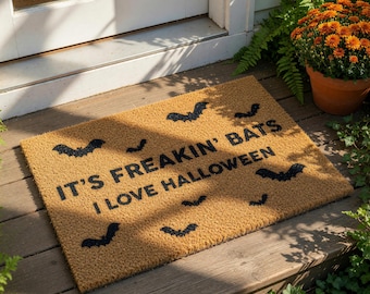 Funny Halloween Doormat, It's Freakin' Bats I Love Halloween Welcome Mat, Spooky Fall Door Mat, Gothic Porch Decor, Gift