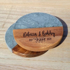 Engraved Coaster Set: Custom Marble Wood - Wedding and Engagement Gifts 7398