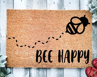 Bee Happy Doormat |  Cute Honeybee Housewarming Gift | Custom Doormat Closing Gift | Bumble Bee Welcome Doormat | Front Door | Home Door Mat
