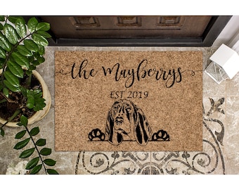 Custom Doormat - Basset Hound Dog | Personalized Doormat | Welcome Mat | Housewarming Gift | Closing Gift | Last Name Door Mat Puppy 1163