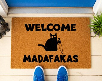 Funny Cat Doormat, Welcome Madafakas Sarcastic Door Mat, Black Cat