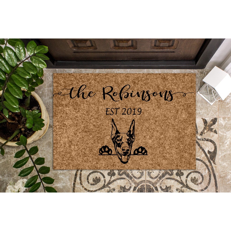 Custom Doormat Doberman Pincher Dog Personalized Doormat Cute Welcome Mat Housewarming Gift Last Name Door Mat Closing Gift Family 1185 image 1