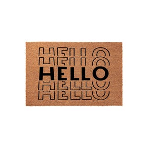 A textured door mat with the word "HELLO" printed in a repeating pattern.