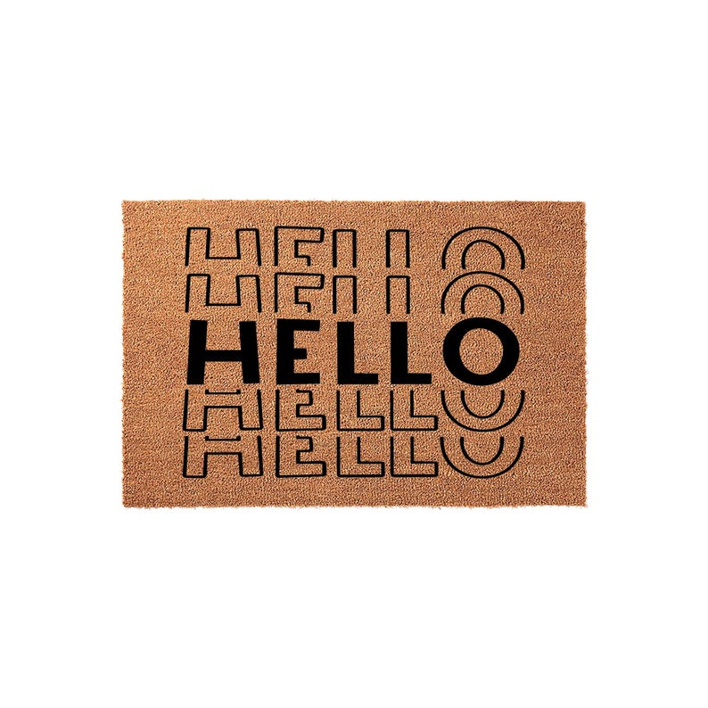 A textured door mat with the word "HELLO" printed in a repeating pattern.