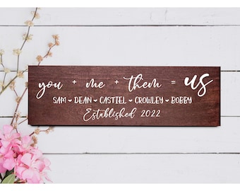 Family Name Sign: You + Me + Them = Us - Custom Names Gift 7392