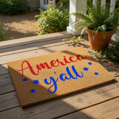 Patriotic Doormat, America Y'all Welcome Mat, USA Coir Door Mat, Funny Holiday Decor, Fourth Of July Porch Rug, Veteran Gift Idea