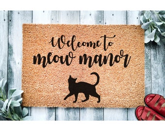 Doormat Welcome to Meow Manor | Black Cat Doormat | Welcome Mat | Funny Door Mat | Funny Gift | Home Doormat | Housewarming | 1427**