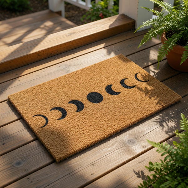 Felpudo de fase lunar, felpudo de bienvenida celestial, regalo minimalista para inauguración de casa, felpudo bohemio para la puerta principal, alfombra de entrada de estilo brujo, fase lunar