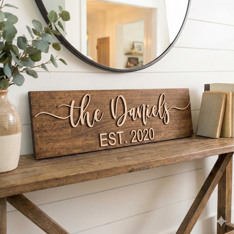 Personalized Family Name Wood Sign, Custom Established Year Wedding Gift for Couple, Last image 19