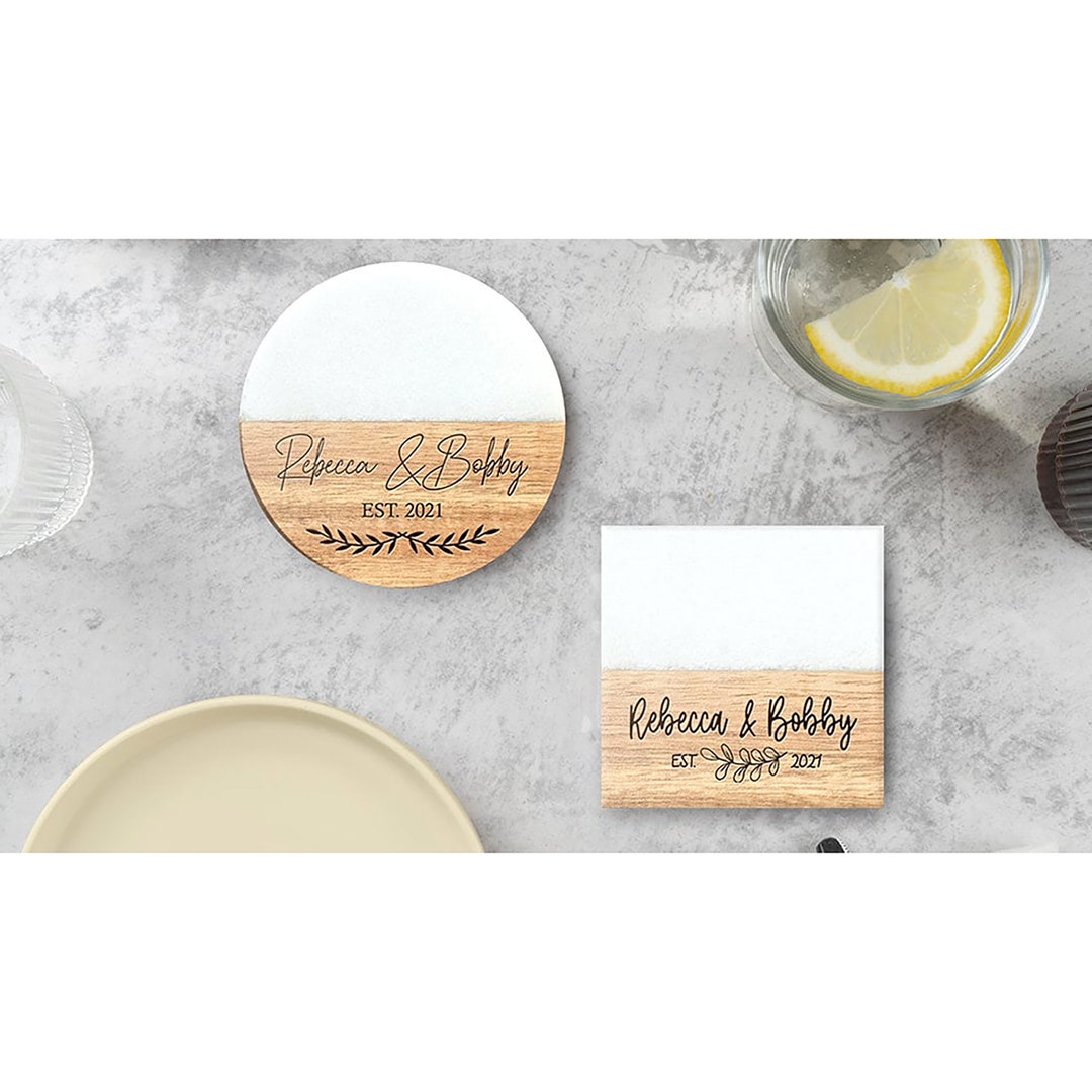 Custom Engraved Coasters: Marble Wood Wedding and Engagement Gifts (Set Options) 7398 - Circle (8 Coasters), Design 1