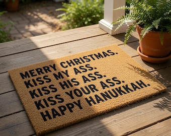 Funny Holiday Doormat, Merry Christmas And Happy Hanukkah Welcome Mat, Sarcastic Christmas Gift, Unique Seasonal Door Mat Decor