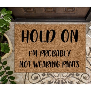 Doormat Hold On I'm probably not wearing pants Funny Doormat Cute Welcome Mat Door Mat Grandpa Gift for Boyfriend Put on Pants 1089 image 1