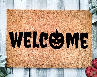 Jack O Lantern Welcome Doormat | Fall Doormat | Cute Doormat | Halloween Pumpkin | Fall Autumn Decor Gift | Home Doormat | Hallowen