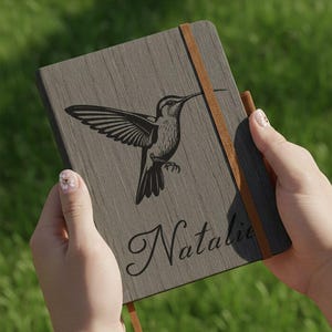 Personalized Hummingbird Hardcover Journal with Custom Name, Wood Grain Cover