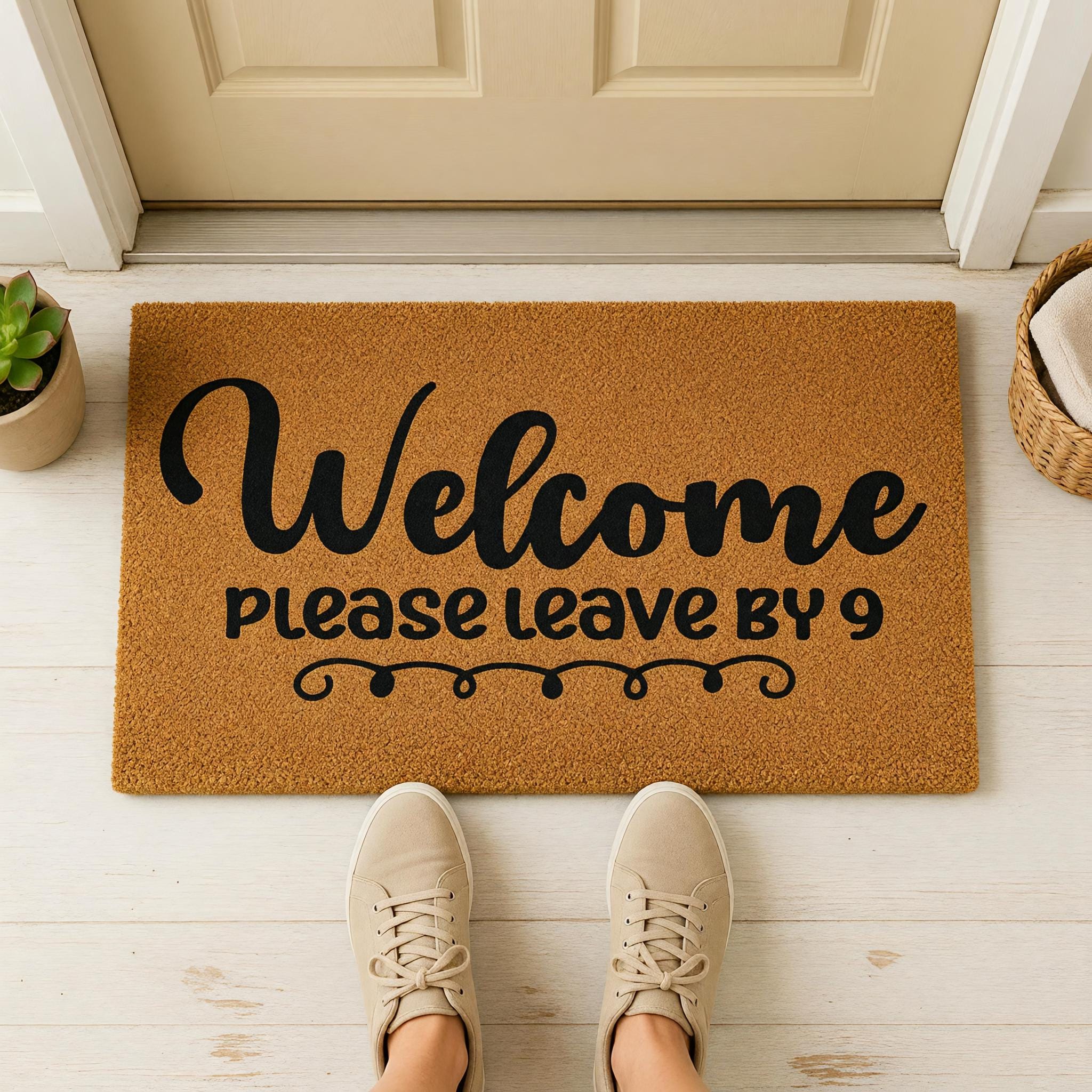 Welcome Please Leave by 9, Funny Doormat, Front Door Mat