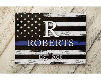 Thin Blue Line Family Name Monogram Rustic American Flag Printed Art | Personalized Gift On Pallet Wood | Wedding Gift | Anniversary Gift