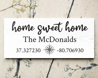Home Sweet Home Personalized Coordinates Sign | Latitude Longitude | Compass Family Name Sign | Wedding or Anniversary Gift | New Home Gift