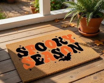 Spooky Season Doormat, Halloween Front Door Mat, Funny Fall Welcome Mat, Retro Bat Porch Decor, Halloween Gift For New Home