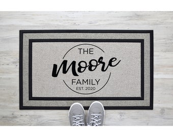 Grey Doormat Circle Family Name Housewarming Gift  Wedding Gift Custom Personalized Doormat  Closing Gift | Welcome Front Door Mat Rug 1649