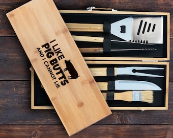 Funny BBQ Grill Tool Set, Personalized Bamboo Case with Custom Quote for Father Day Grilling