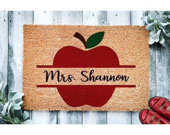 Custom Doormat Personalized Apple Monogram Classroom | School Theme Doormat | Housewarming Gift |  Front Door Mat | Teacher Class Gift 1999