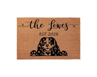 Personalized Dog Doormat, Custom Cavalier King Spaniel Welcome Mat, Housewarming Gift, Dog Mom Gift, Family Name Door Mat